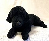 Front angle showing plush black Labrador's face, nose, floppy ears, and front legs.
