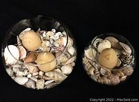 Both glass bowls filled with natural sea shells and beeswax candles inside, shown on black background.