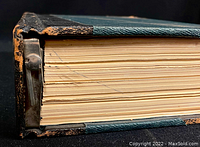 Side profile close-up of a loose leaf binding mechanism on the Nelson Loose Leaf Living Medicine book showing worn leather edges and intact metal loose leaf binder.