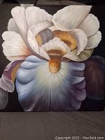 Close-up of one canvas showing detailed white and cream flower petals with hints of yellow and purple on a black background.