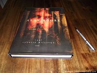 Front cover of the 'Alan Moore Storyteller' book on a wooden surface next to a silver pen, showing the cover design of Alan Moore's face and text.