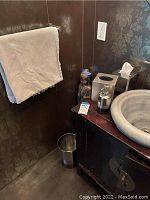 View of Buddha figurine, towel, waste bin, soap dispenser, and tissue box on bathroom counter with sink, showing the lot items together in situ.