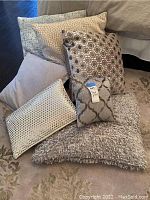 Full view of six decorative pillows arranged on a neutral area rug and bed; showing variety in textures and patterns mostly in soft neutrals.
