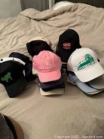 Fourteen assorted casual baseball caps including branded and logo design caps in various colors stacked on a bed.