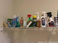 Shelf with assorted cleaning product bottles including hand soaps, cleaners, sprays, and sponges