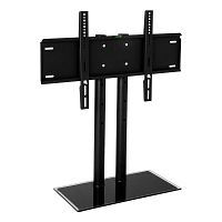 Black Leadzm TSD900 TV holder stand with metal mounting plate, dual vertical support poles, and tempered glass base.