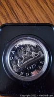 Close-up photo of the reverse of a 1975 Canadian one dollar coin showing a canoe with two paddlers with inscriptions 'CANADA' and '1975'. Coin is in a black protective case.