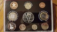 Top-down view of United Kingdom 2001 Proof Coin Set showing all 10 coins in black presentation case with clear cover