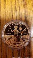 Obverse side of the 2013 Canadian $3 Bronze Coin showing 'Canada', denomination, year, and allegorical figure design.