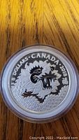 Obverse side of 2018 $8 Canadian silver coin showing stylized dragon design with denomination, country, year and Chinese character.