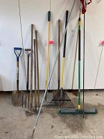 Full view of the yard tools lined up including spades, garden forks, rakes, shepherds hook with flag