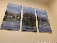 Full view of all three canvas panels hung together showing the full lakeside landscape scene.