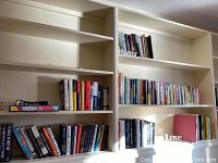 Wide view of six shelves partially filled with books of various genres, sizes, and colors. Some books are stacked horizontally, others are vertically aligned.