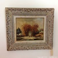 Full front view of framed oil painting showing composition and ornate frame.