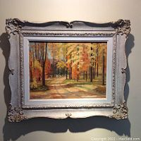 Frontal view of framed painting 'Autumn Roadway'