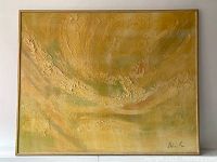 Full view of large abstract painting showing original wooden gilded frame and golden-green tones, signature bottom right