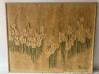 Full front view of large abstract oil painting with floral motif in textured impasto technique in yellow, tan, and green hues framed in original natural wood frame.