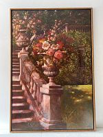 Full photograph of the painting showing a garden scene with stone stairs, balustrade, and urns filled with colorful flowers.