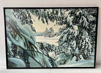 Full frontal view of the framed oil painting showing complete winter landscape composition