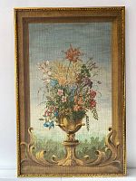 Full view of unsigned original oil painting showing a flower urn with colorful flowers and ornate gold pedestal within a muted rectangular background, framed in an ornate gold frame.
