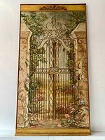 Full view of the oil painting depicting a wrought iron garden gate with stone pillars and surrounding foliage on board with yellow trim.