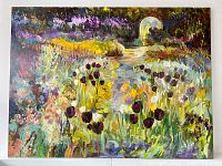 Front view of full painting showing garden scene with tulips and archway