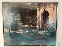 Full view of framed oil on canvas painting depicting peacock in garden