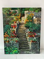 Full front view of oil painting on canvas depicting stone garden steps with potted flowers