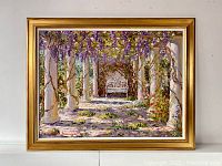 Full front view of the oil painting in its gold-tone wooden frame showing the pergola and bench scene