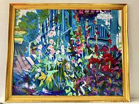 Full front view of the oil painting in its gold-tone frame showing the floral garden composition.