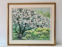 Full view of painting showing blossoming tree scene in gold-tone wooden frame