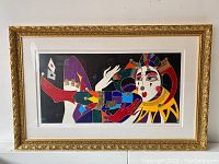 Full front view of framed oil painting depicting Pierrot jester under glare-proof glass