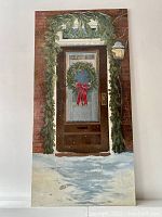 Full view of original oil painting showing door decorated with greenery and snowy ground with small mouse visible