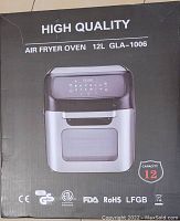 Box of High Quality Air Fryer Oven 12L GLA-1006 showing front image, brand, capacity, and certification logos.