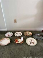 Overview of 7 collector plates arranged on carpet showing floral, scenic, and figure designs with varied shapes and sizes.