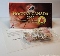 Photo showing sealed 2006 Hockey Canada National Men's Hockey Team official pin collection with original box and letter.