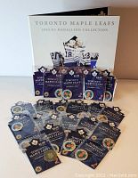 Full view of all 24 official 2002/03 Toronto Maple Leafs medallions arranged alongside the commemorative album, showing individual packaging and blue branded inserts.