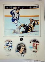 Full view of signed limited edition hockey art print featuring Darryl Sittler by Daniel Parry with artist and player signatures and edition number on a black hockey puck motif.