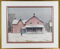 Framed A.J. Casson print showing a winter scene of Wildbridge Store, including the frame and matting details.