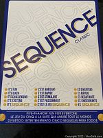 Front cover of the Sequence Classic board game box showing design and marketing text in multiple languages.