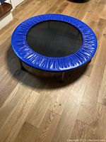 Mini trampoline with blue padded vinyl edge and black jumping surface on wooden floor