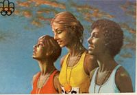 Close-up photo of a single stamp featuring three athletes with Olympic rings in the corner and blue sky background.