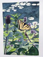 Original watercolour painting showing a swallowtail butterfly with yellow and black wings on purple flowers and green foliage, with blue sky background