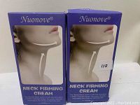 Two boxed Nuonove Neck Firming Cream products side by side with labeling and branding visible.