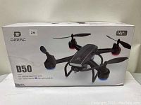 Front of the DeerC D50 FPV Drone box showing the drone image and main features including 120° wide-angle 2K HD WiFi camera.