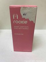 Front of box showing brand Rookie, model Smart Jump Rope Icecream Pink, syncing with mobile app feature.