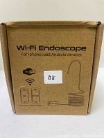 Brown cardboard box packaging labeled Wi-Fi Endoscope for iPhone, iPad, Android devices, showing compatibility with iOS and Android.