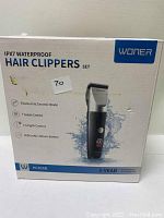 Front of the Woner hair clippers set box showing product information and features.