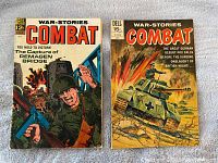 Front covers of 2 vintage Combat comic books with soldier and tank war scenes