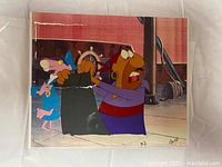 Colored cel showing two cartoon characters in industrial background holding cloth